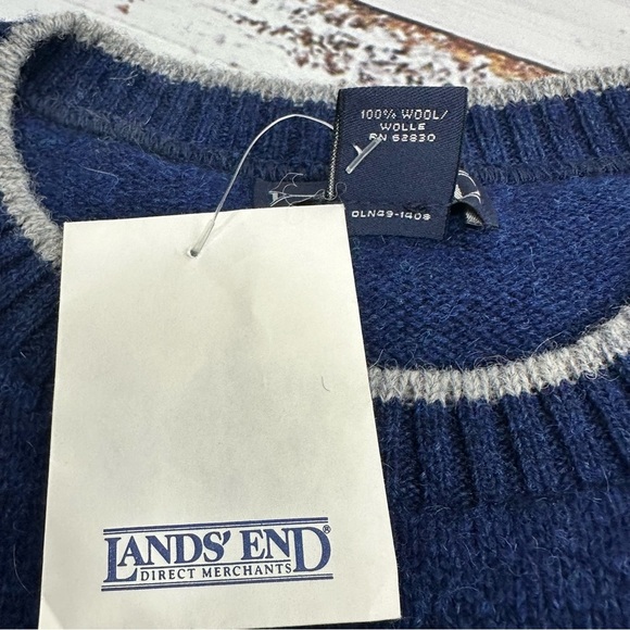 Lands' End Men’s Size XXL Navy Blue Gray Trim 100% Wool Crew Neck Sweater NEW - Picture 8 of 8